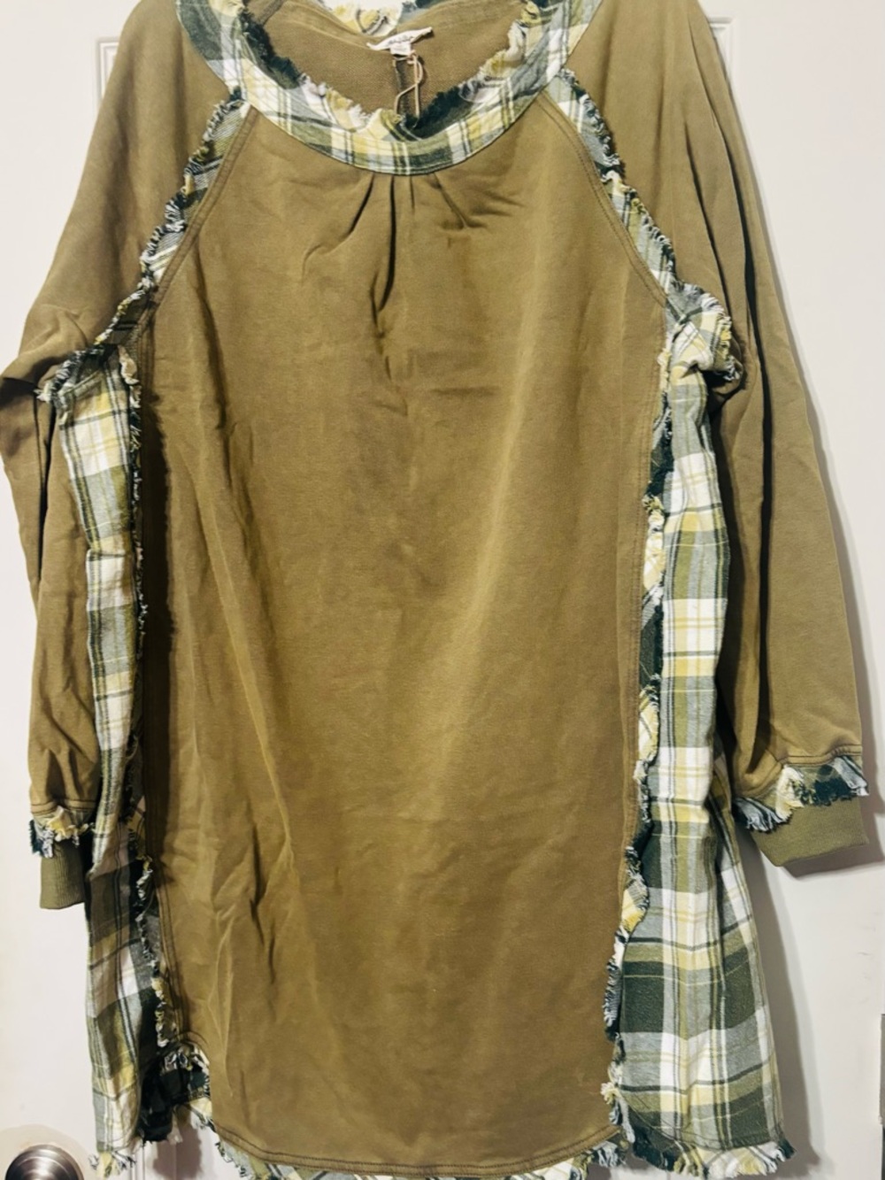 Blue Velvet Olive Green Tunic Dress with Plaid Trim